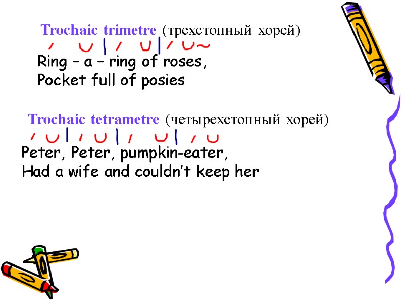 Trochaic trimetre (трехстопный хорей) Ring – a – ring of roses, Pocket full of